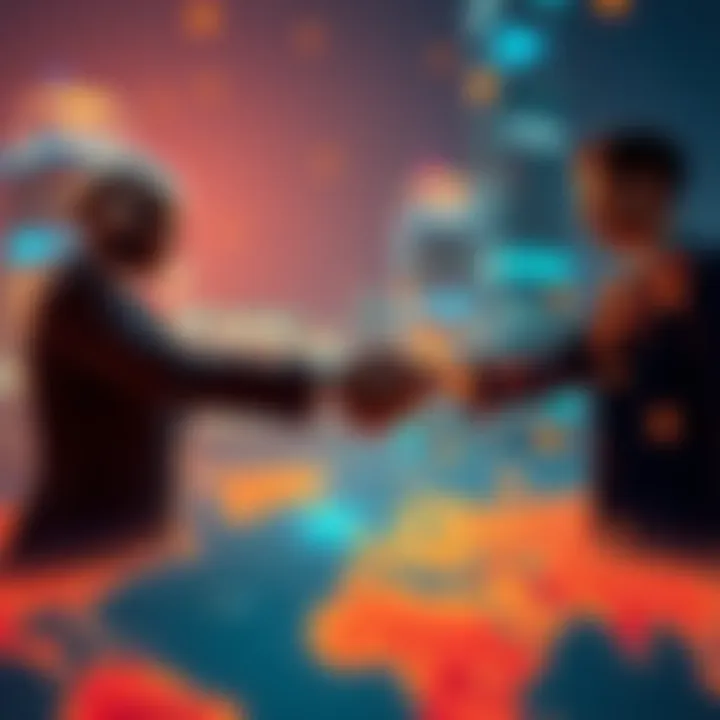 Collaboration in AI Representatives from different nations shaking hands over a digital map representing AI technology