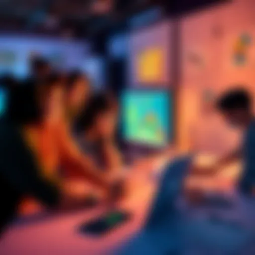 A diverse group of people working together on animation projects during a live stream, with laptops and colorful drawings visible. They are communicating using AI translation tools.
