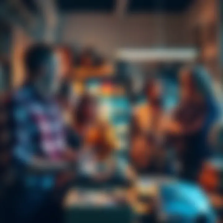 A group of collectors examining various items in a well-lit room, sharing tips and insights about their collections.