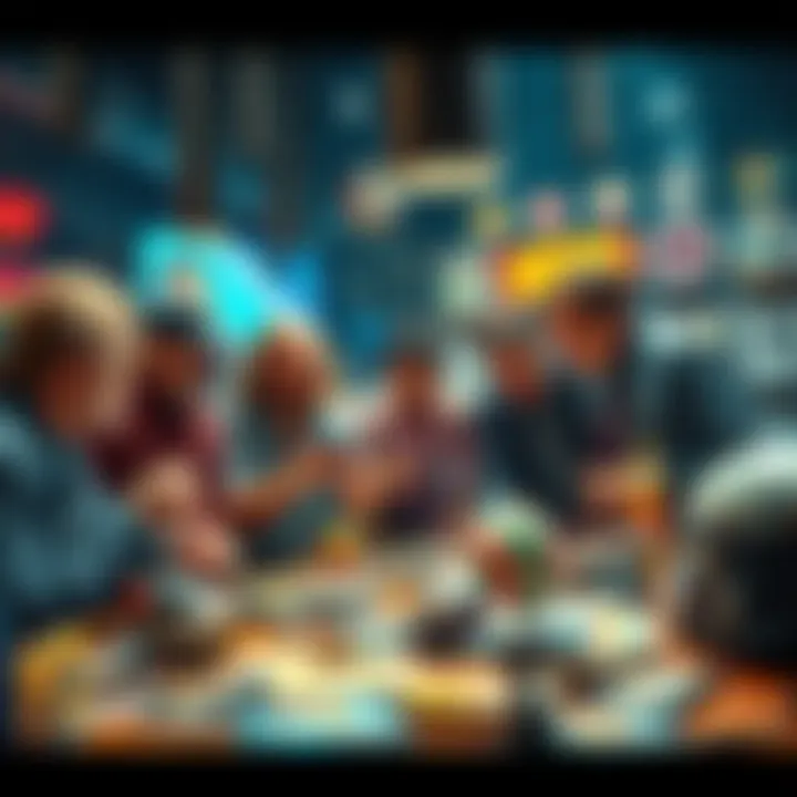 A group of collectors examining rare pop-culture items at a table, surrounded by memorabilia and collectibles, showing excitement and passion.