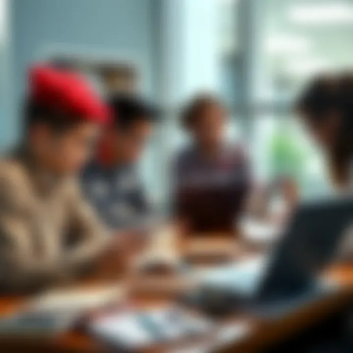 A group of college students sitting at a table filled with books and laptops, discussing their assignments, highlighting the issue of academic integrity.