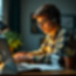 A college freshman studying AI concepts with a laptop and books on a desk, looking focused and engaged