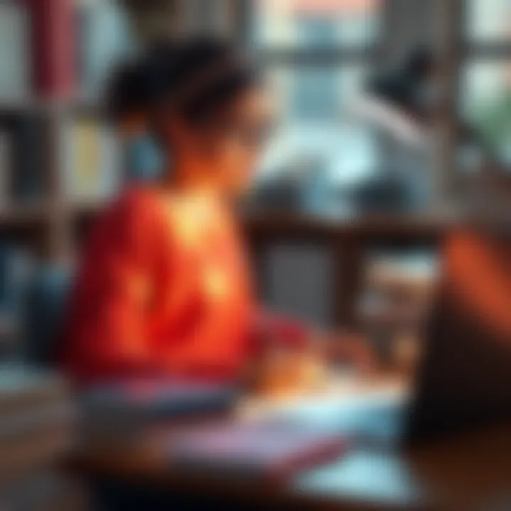 A single college girl sitting at a desk surrounded by books and a laptop, focused on her studies during the day.