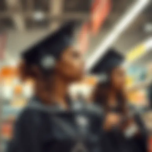 Recent college graduates in uniforms working at a retail store, reflecting the shift from traditional white-collar jobs to service roles.