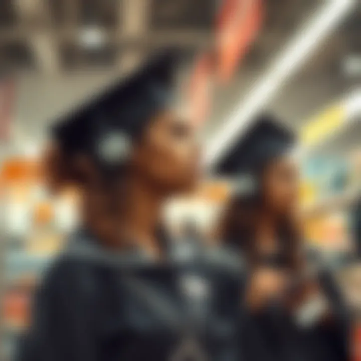 Recent college graduates in uniforms working at a retail store, reflecting the shift from traditional white-collar jobs to service roles.