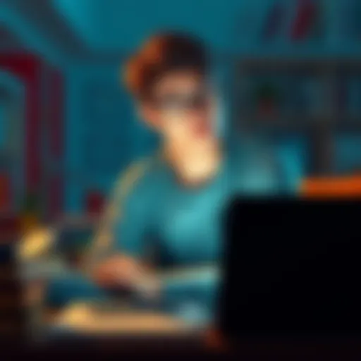 A psychology major considering their career options in game writing and narrative design, surrounded by books and a laptop, looking thoughtful.