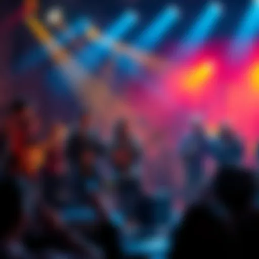 A group of bards performing on stage with musical instruments, engaging an audience with storytelling and creative arts.