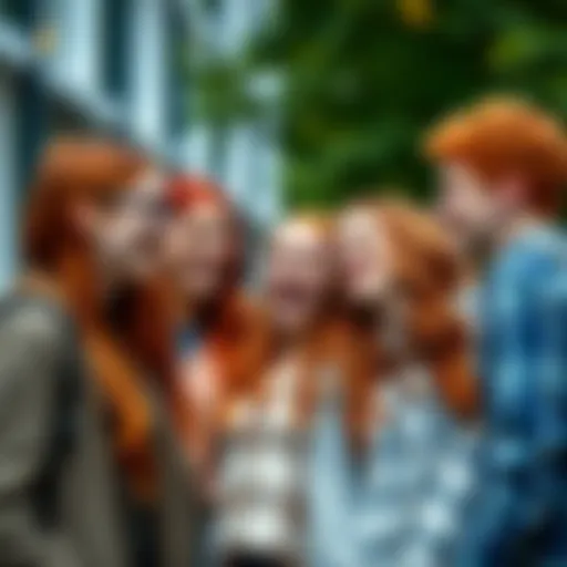 A group of college red heads laughing and engaging in conversation on campus, showcasing their vibrant community spirit.