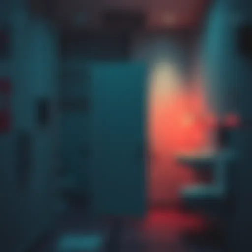 A college restroom with a closed stall door and a tense atmosphere, suggesting a secretive encounter