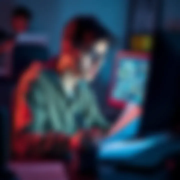College senior dreaming of game development A college senior sitting in front of a computer, looking at game design sketches and notes, with a thoughtful expression as they seek advice from online forums.