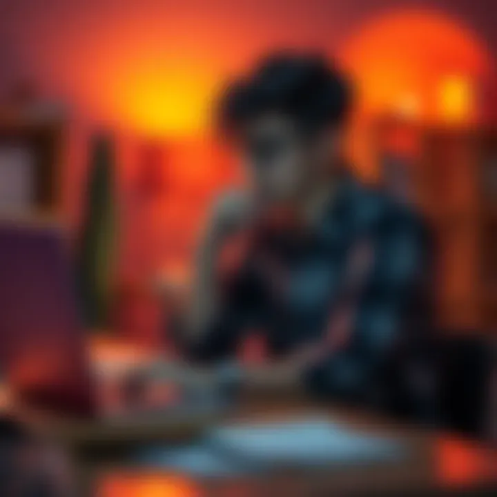 A college student sitting at a desk, looking thoughtfully at a laptop with Chat GPT on the screen, surrounded by books and notes.