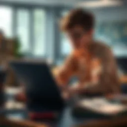 A college student sitting at a desk with books, laptops, and notes, focused on studying for exams.