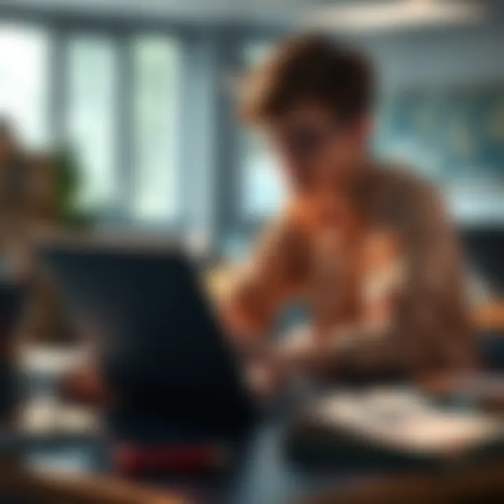 A college student sitting at a desk with books, laptops, and notes, focused on studying for exams.