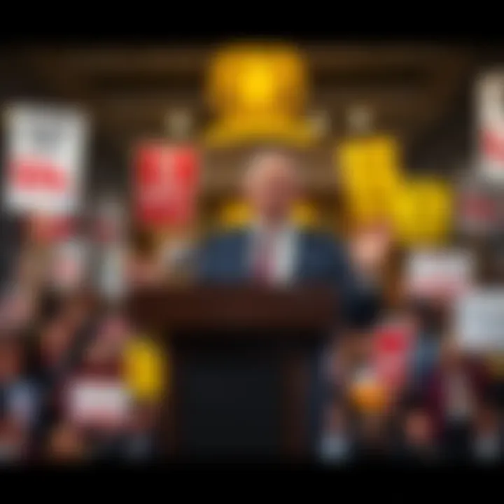 The Colorado Governor stands at a podium, announcing the veto of the surveillance pricing ban amid public protest signs in the background.
