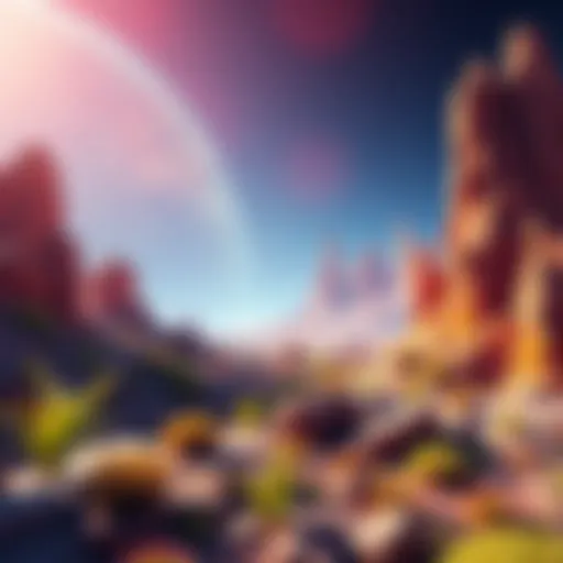 Colorful alien planet scene A vibrant, animated alien landscape with plants and unusual rock formations, hinting at adventure and exploration.