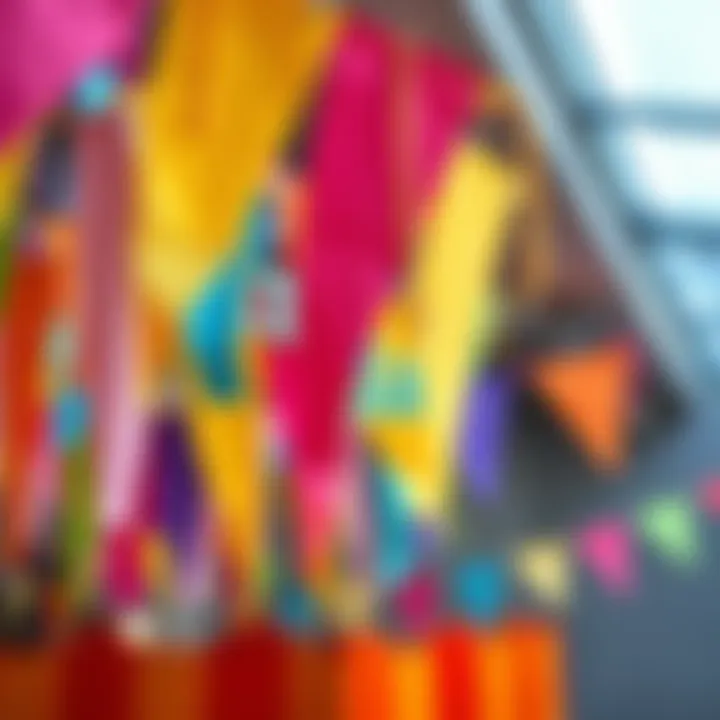 Vibrant birthday flags made with colorful papers and yarn hanging at a celebration.