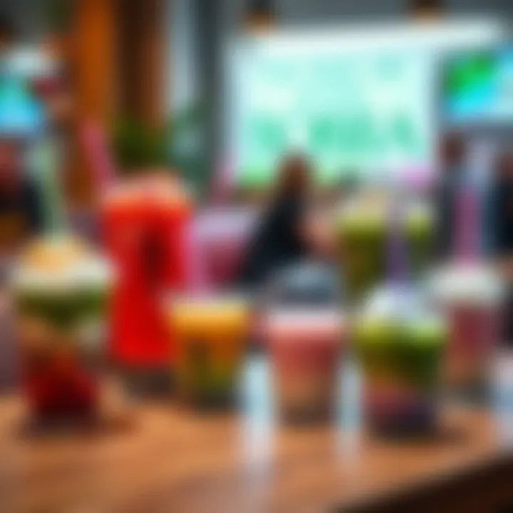Various boba tea drinks with unique flavors and toppings placed on a table