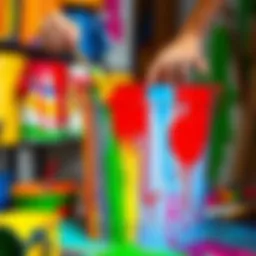 A person painting a large bucket with bright colors and creative designs.