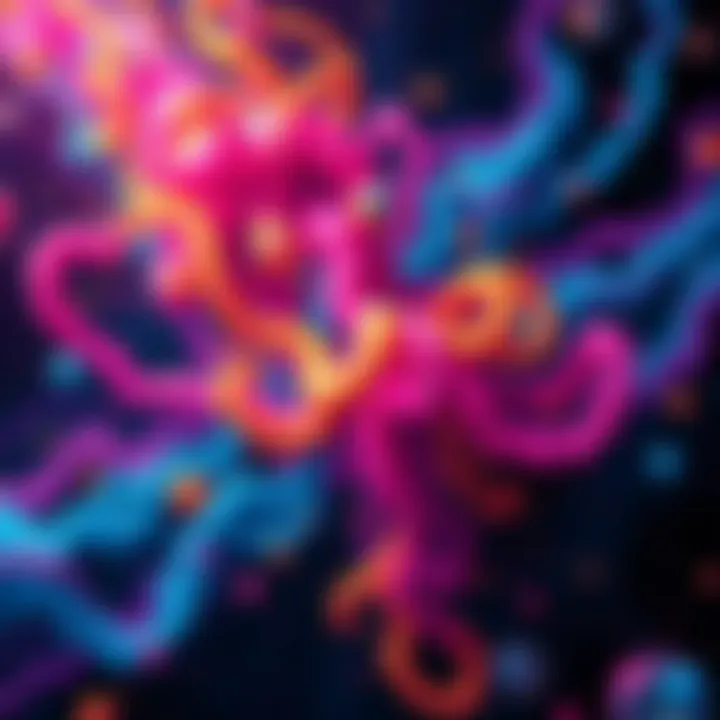 A vibrant representation of the Clusterfuck Universe filled with swirling colors and playful shapes, showing the playful and chaotic nature of creativity.