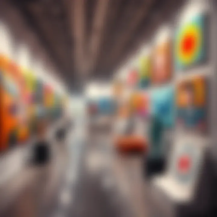 A variety of modern art pieces displayed in a gallery, showcasing bold colors and unique styles.