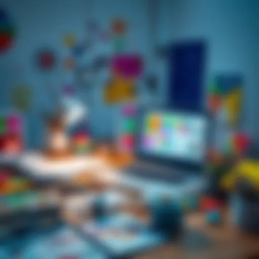 A designer's workspace featuring a variety of colorful materials, sketches, and a laptop displaying a graphic design project.