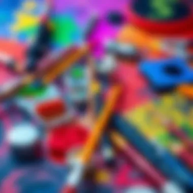 A collection of vibrant digital art tools and brushes on a digital canvas, showcasing creative possibilities