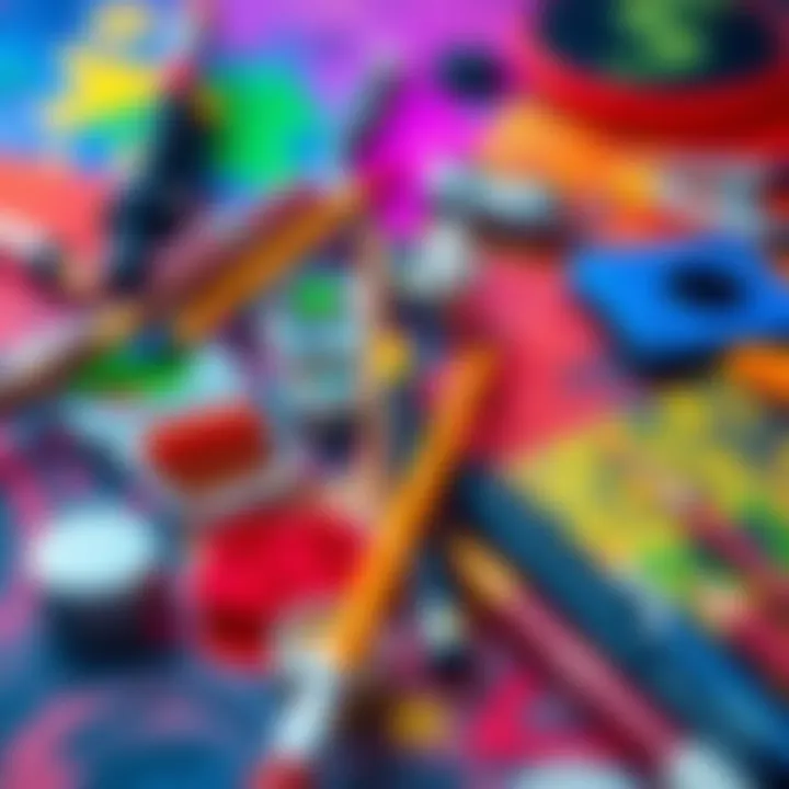 A collection of vibrant digital art tools and brushes on a digital canvas, showcasing creative possibilities