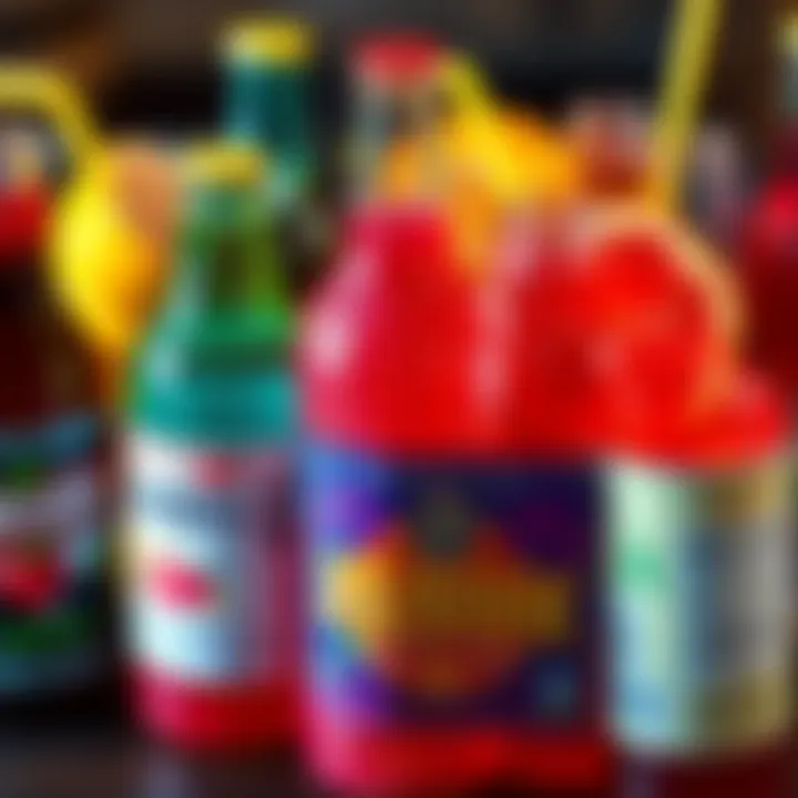 A close-up of various colorful beverages with labels showing surprising ingredients, highlighting the contents of popular drinks.