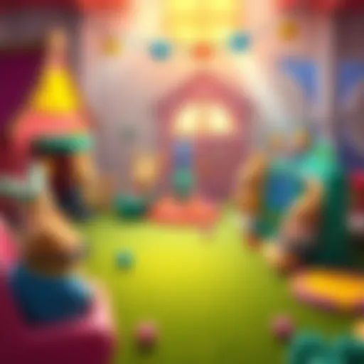 A vibrant illustration showing various characters engaged in fun mini-games inspired by Sylvanian Families, highlighting a playful community environment