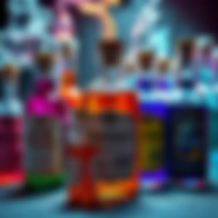 A collection of fun and quirky meme potions in colorful vials, showcasing humorous labels and creative designs.