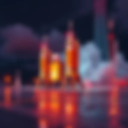 A bright painted spaceport with artistic designs and rockets ready for launch, showcasing creativity in aerospace