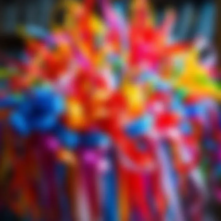 A variety of colorful ribbons arranged in an artistic display, showcasing creative ribbon art projects.