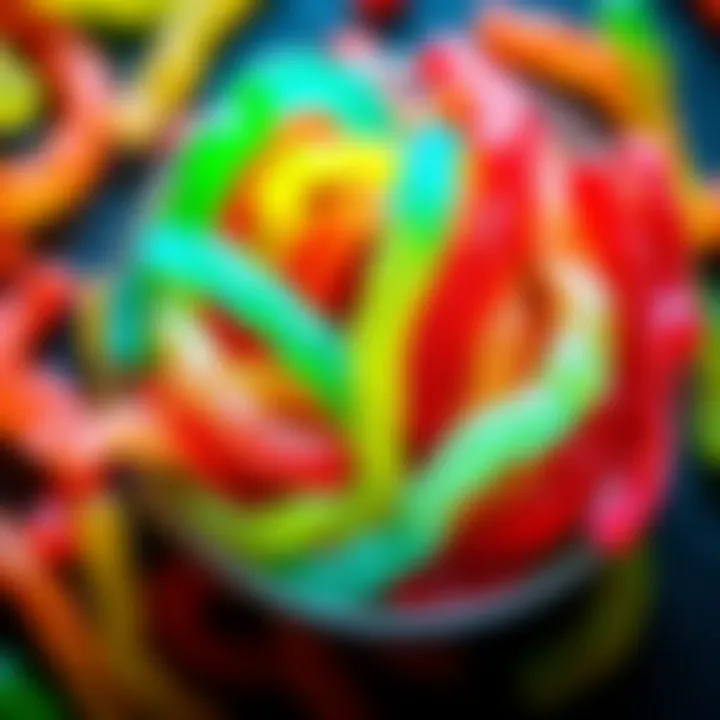 A variety of colorful sour worms candy in different flavors and textures, displayed in a bowl.