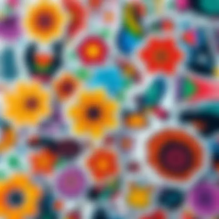 A collection of vibrant stickers with various designs including flowers, animals, and abstract patterns, suitable for art projects