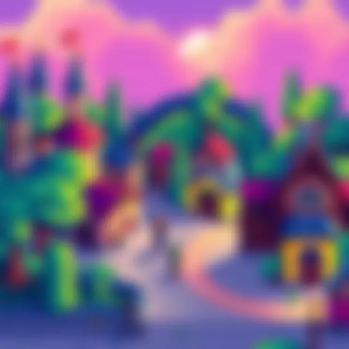 A vibrant 16-bit RPG town filled with pixel art buildings, trees, and characters walking around, capturing the essence of classic Super Nintendo games.