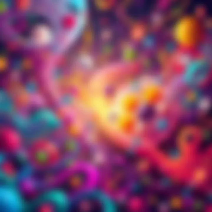 A vibrant and colorful abstract animation scene filled with swirling shapes and patterns that evoke curiosity