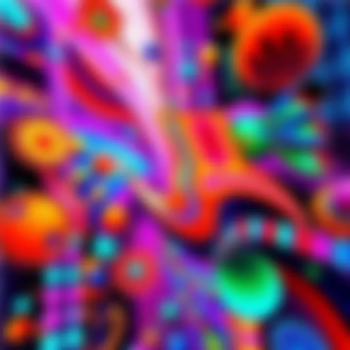 A vibrant abstract art piece created by the early DeepDream algorithm, featuring unusual shapes and vivid colors that reflect the unique neural network interpretations.