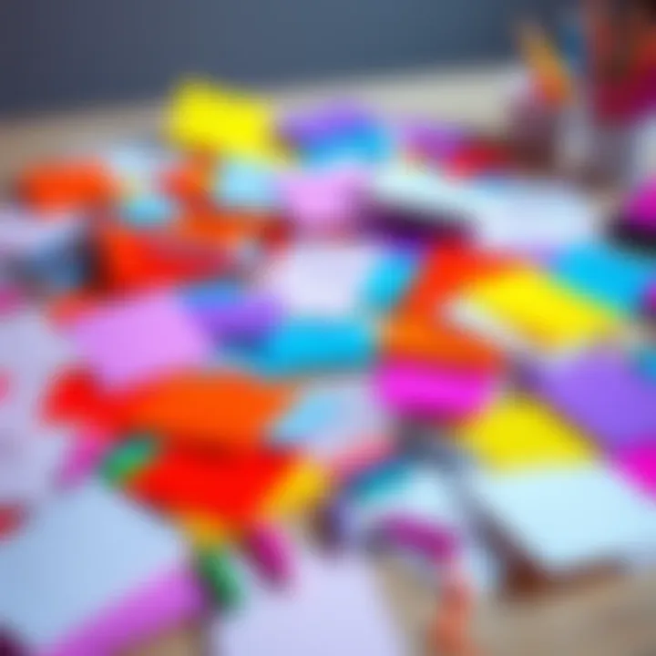 A collection of colorful art prompts scattered on a table, showcasing creative ideas for AI-generated artwork.