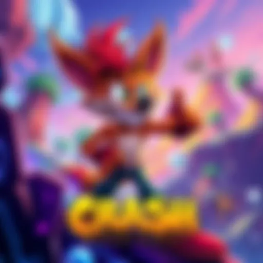 A vibrant illustration showcasing stylized characters and landscapes inspired by Crash Bandicoot