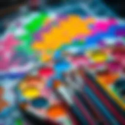 A vibrant artist's palette filled with various bright colors and paintbrushes.