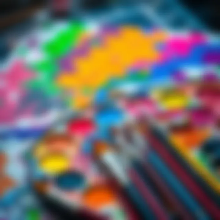 A vibrant artist's palette filled with various bright colors and paintbrushes.