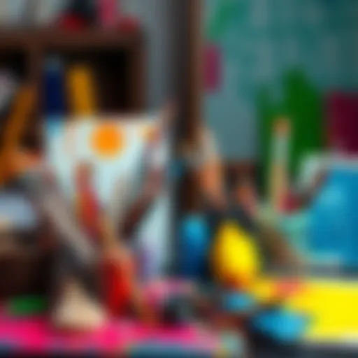 A vibrant collection of paint tubes, brushes, and canvases arranged on a table, ready for creative projects.