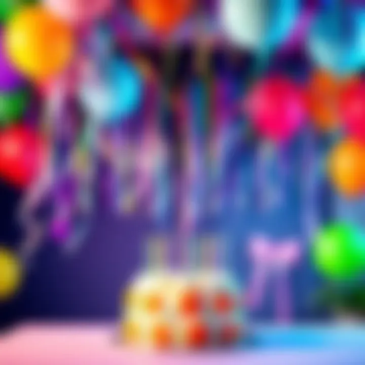 A festive scene with balloons, streamers, and a cake at a birthday party