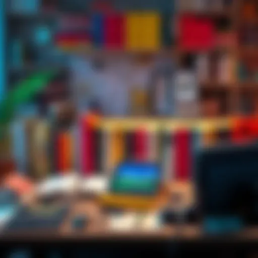 A bright arrangement of books and digital devices symbolizing creativity and diverse genres in a workspace