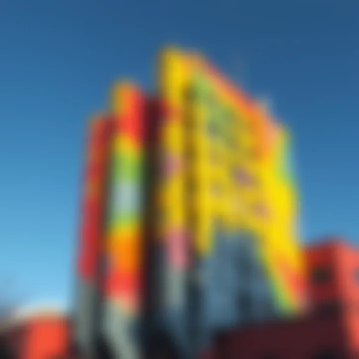 A vibrant, painted brutalist architecture with bright colors enhancing its design