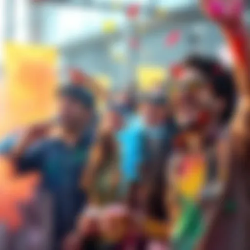 People enjoying a spontaneous color party with bright colors and joyful expressions during a break.