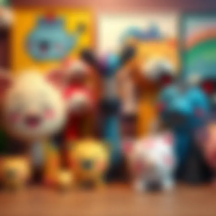 A variety of cute art pieces with smiling animals and cheerful colors displayed together.