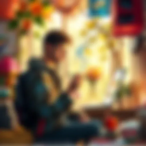 A person trying new hobbies like painting, cooking, and hiking, surrounded by various colorful supplies and nature.
