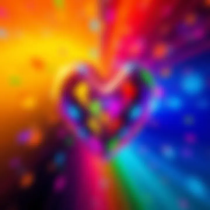 A vibrant digital heart symbolizing love and acceptance, surrounded by rainbow colors representing the LGBT community and technology merging together.