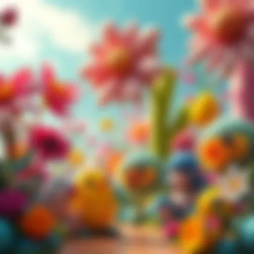A vibrant and playful setting with whimsical elements like oversized flowers and cheerful creatures, reflecting joy and creativity.